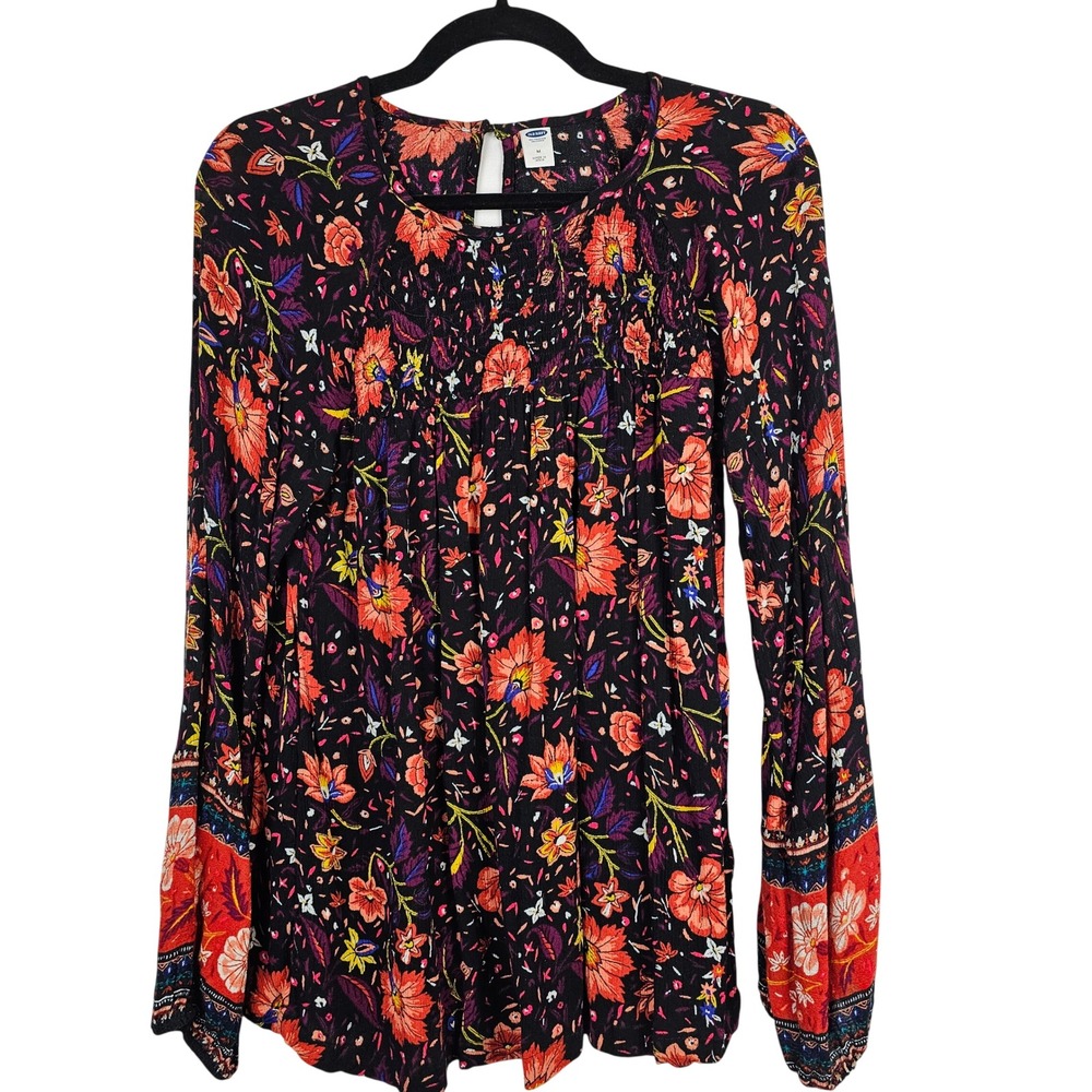 Old Navy Women's Black Floral Smocked Peasant Blouse Long Sleeve Top Medium
